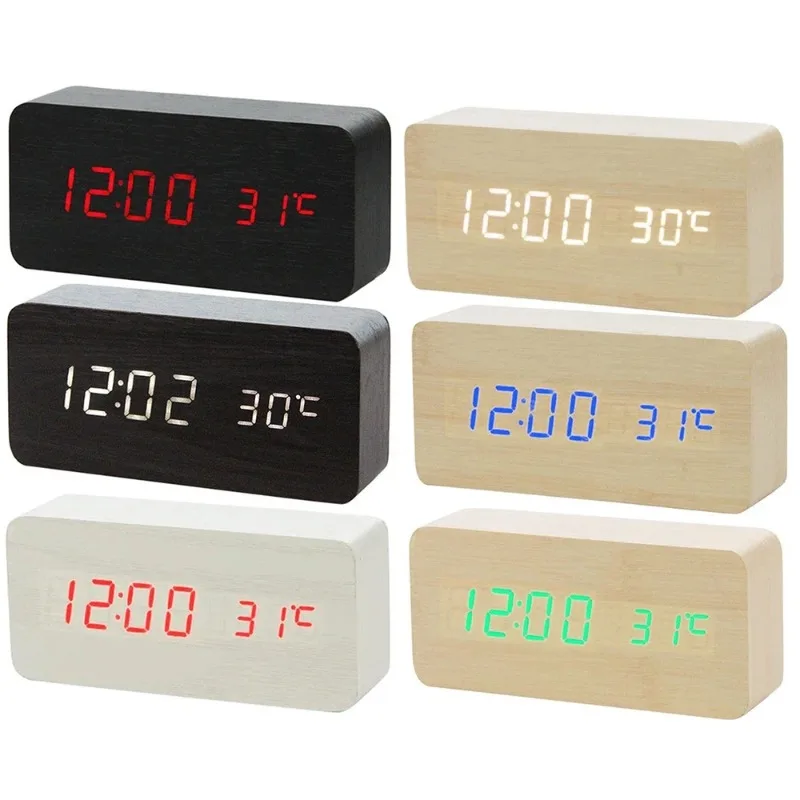 Multicolor Sound Control Wooden LED Alarm Clock Square Digital Thermometer USB/AAA Powered Desktop Table with Date Display