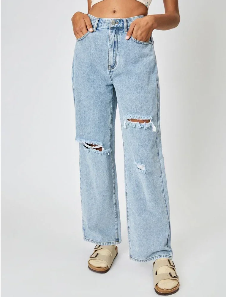 

Straight Pants Women Streetwear Hole Jeans High Waist Ripped Washed Pockets 2025 Vintage Basics Ankle Length Trousers Denims