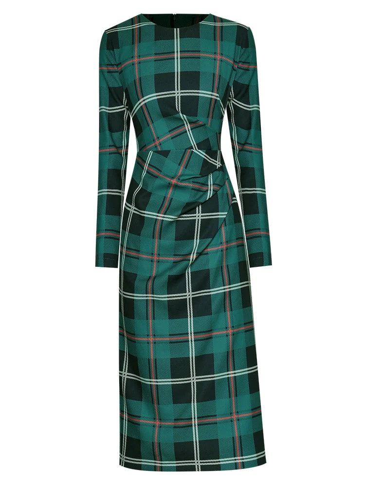 Kate Middleton Princess Runway Spring Autumn Women's New High Quality Casual Party Elegant Long Sleeve Plaid Midi Pencil Dress