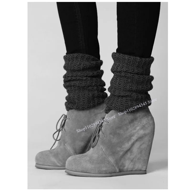 

Solid Lace Up Wedge Mid Calf Boots Platform Shallow Fashionable Sexy Cool Winter Big Size Woman Shoes Zapatillas Mujer