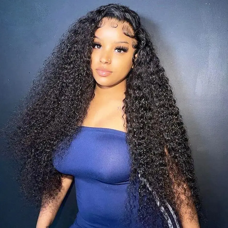 Natural Black  40 Inch 13x6 HD Lace Forehead Wig Deep Wave 13X4 Human Hair Curly High Quality Women's Glueless Wig 180 Density