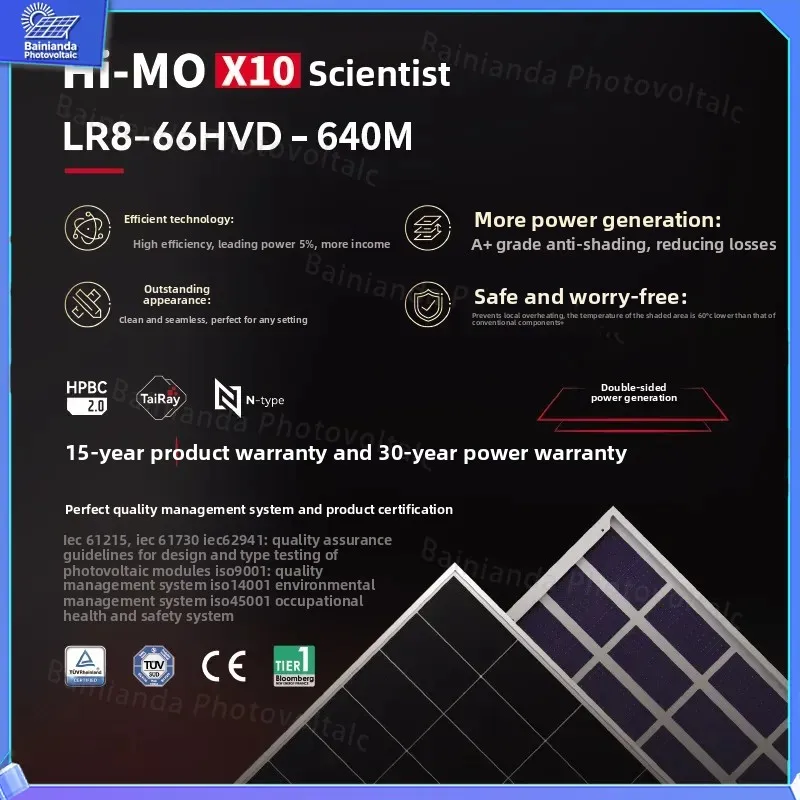 LONGi Hi-MOX10 Scientist LR8-66HVD-640M Solar Panel 640W Mono PERC Bifacial Double Glass PV Module High Efficiency Grid Tied