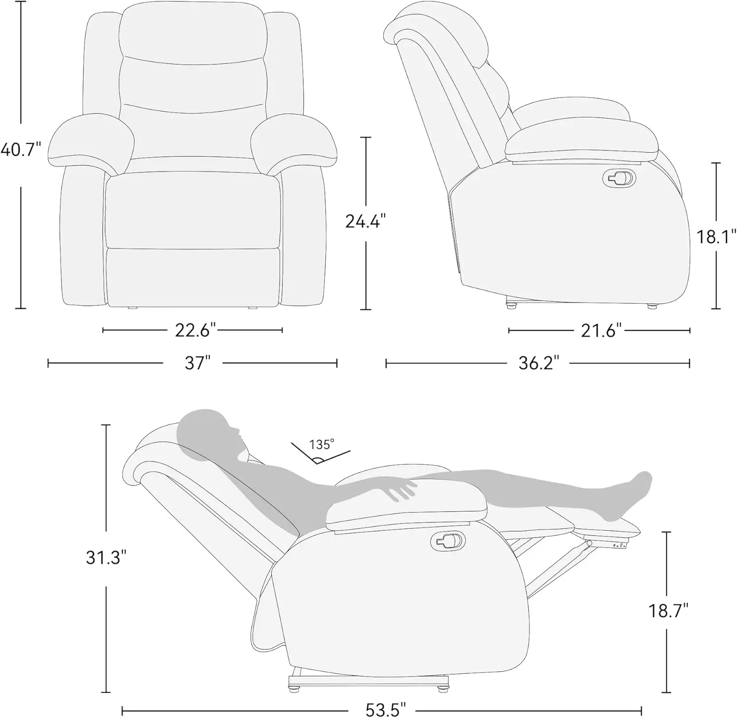 Manual Recliner Chair, Modern Fabric Reclining Sofa Chair with Armrest and Back, Comfy Single Sofa Home Theater Seating for Livi