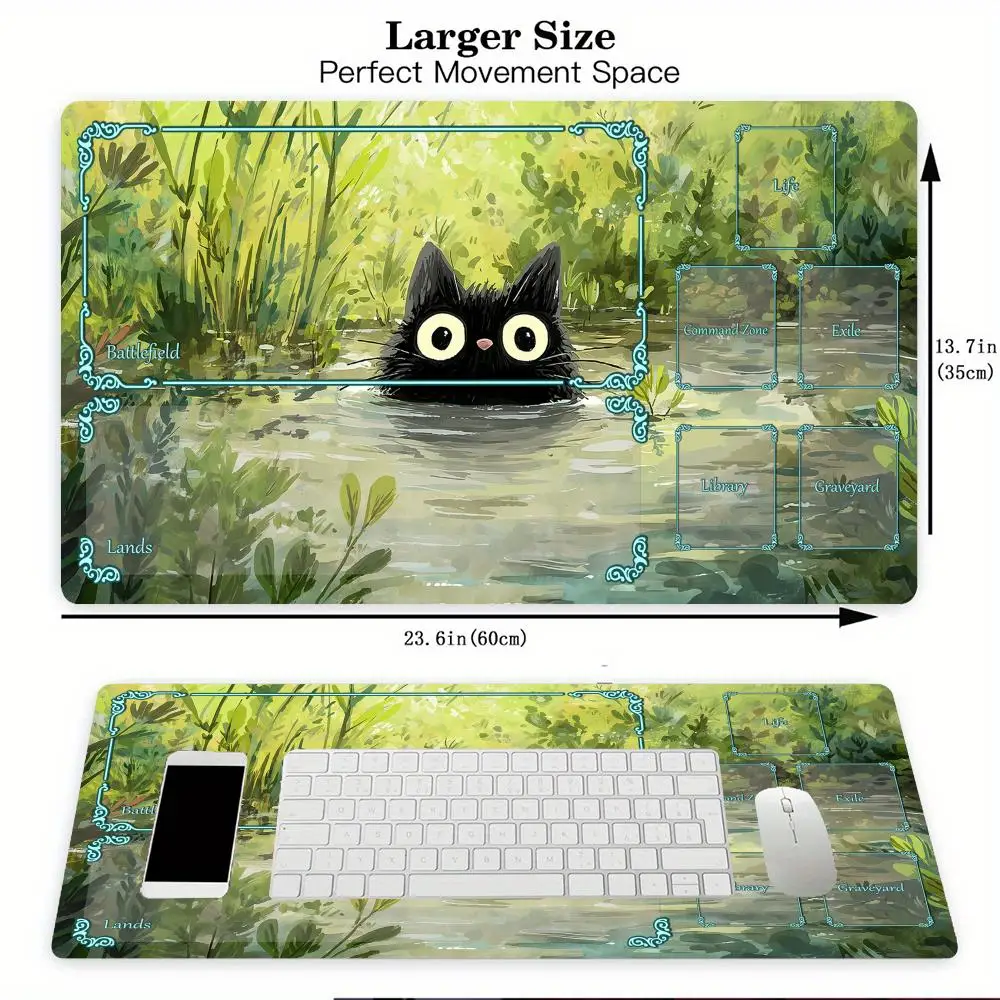 Magic Card Playmat with zone Cute black cats and plant theme MTG