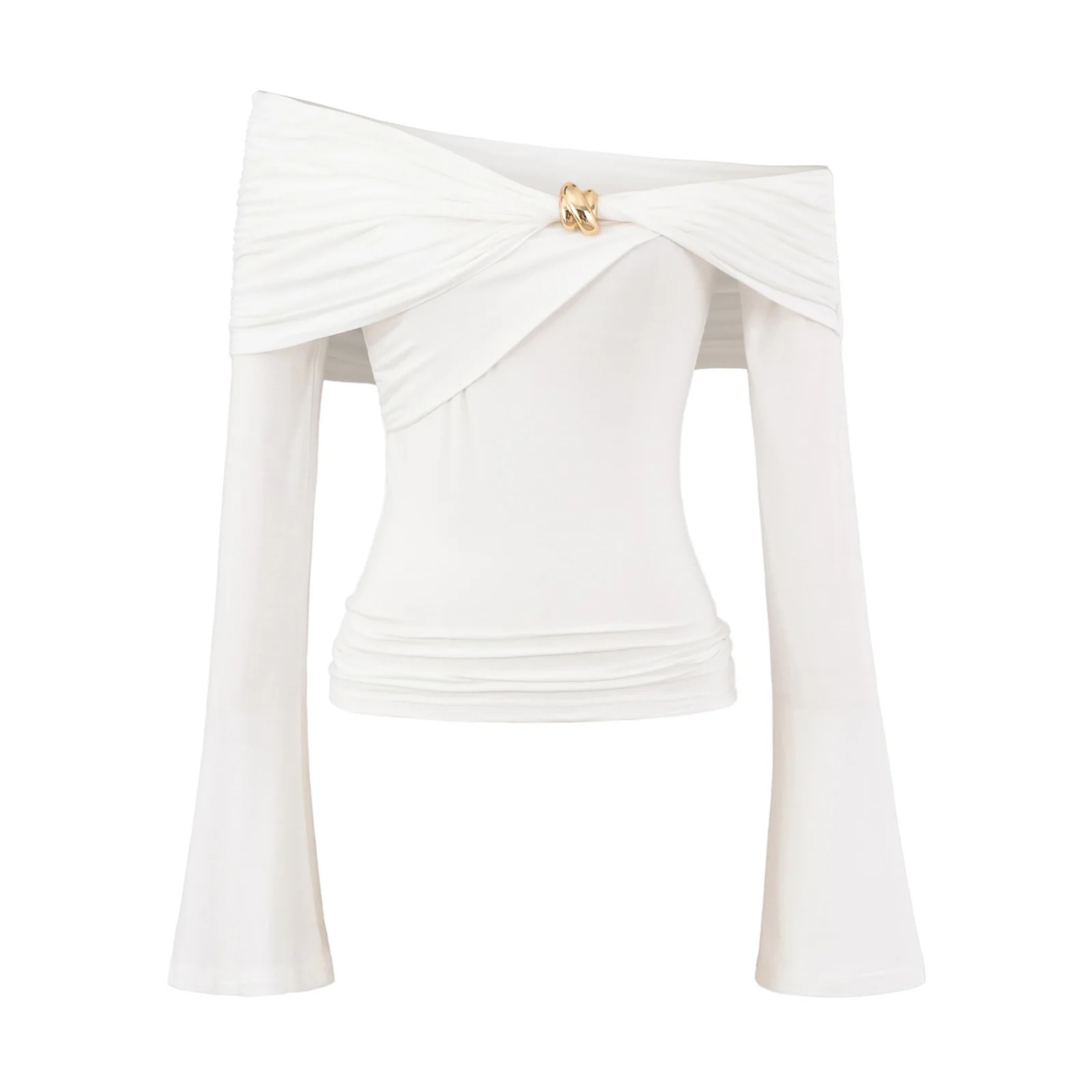 

Women Slim Ruched T-shirt Off Shoulder Flared Long Sleeve Metal Button Decor Pullover Blouse Top for Office Work Date Casual