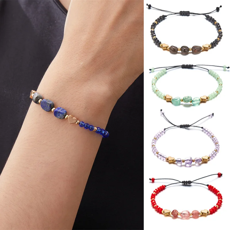 Meetvii New Handwoven Crystal Beads Bracelets for Women Boho Irregular Crushed Stone Heart Charm Mixed Bracelets Jewelry Gift