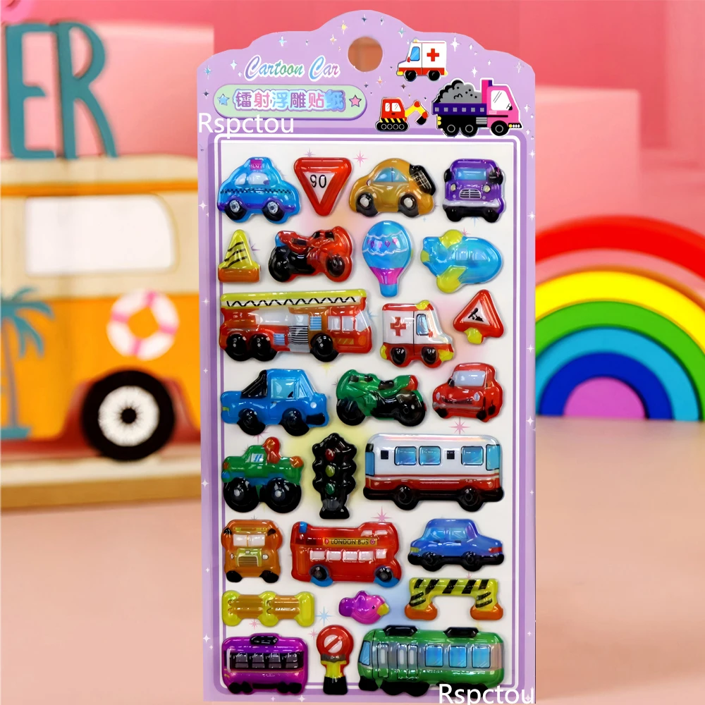 4pcs Cartoon Car Transport Vehicles Laser Relief Stickers DIY Scrapbook Laptop Phone Funny Creative Decals Decoration Supplies