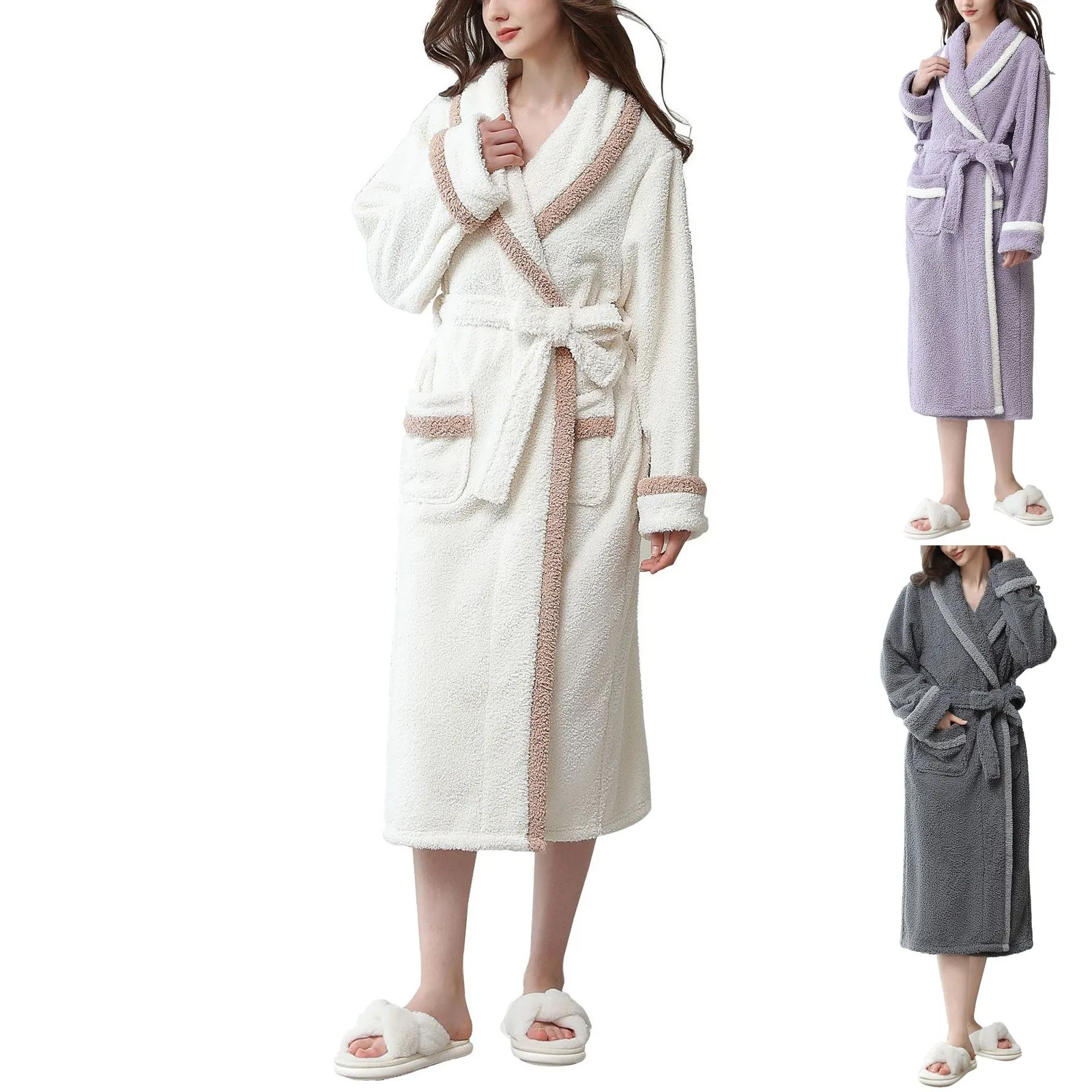 Night Dress Women Bathrobe Plush Robe Women's Winter Length Plush Shawl Bathrobe Long Sleeved Warm Bath Robe Fleece Nightgown