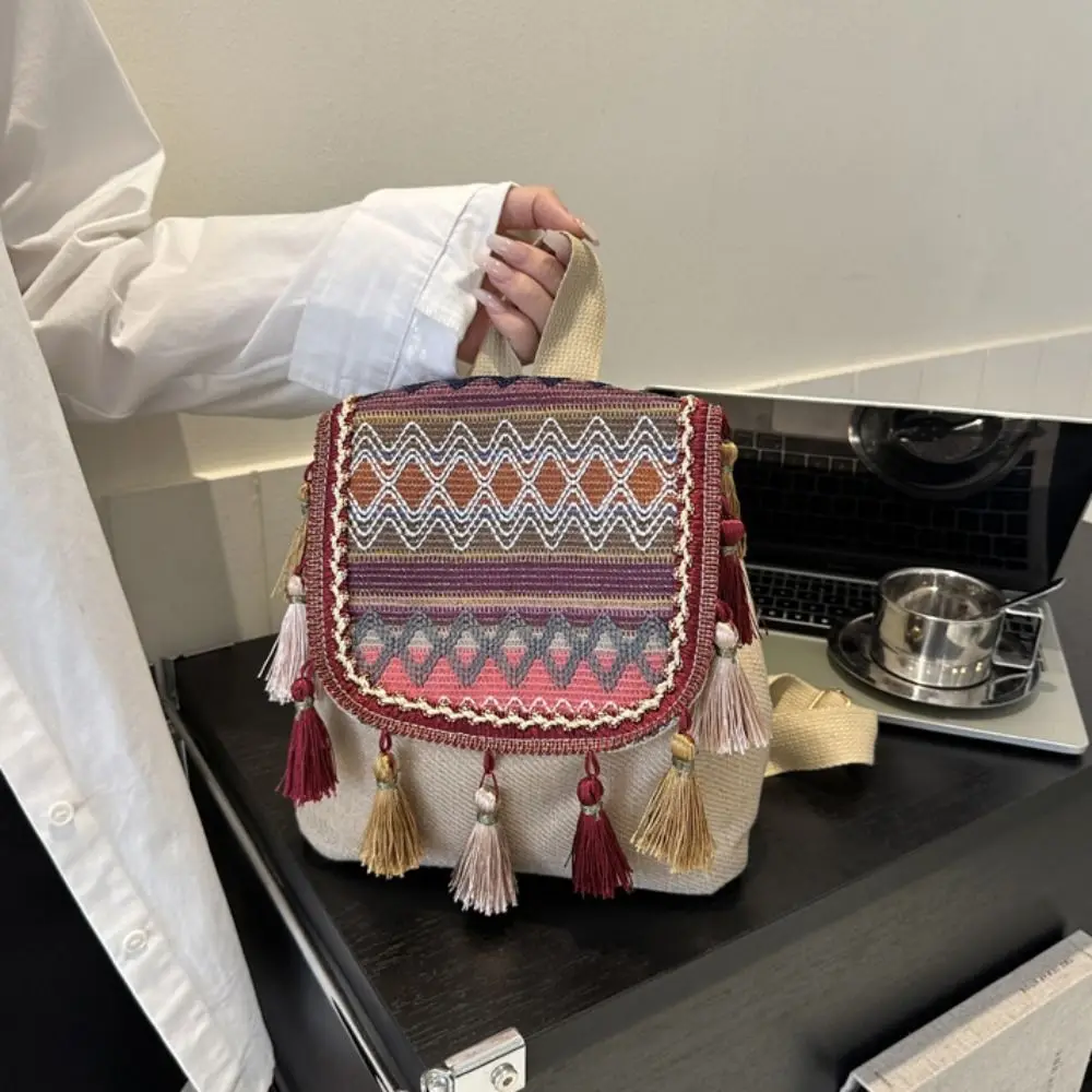 Рюкзак с кисточками в этническом стиле, маленькая школьная сумка, большая вместительная сумка на плечо с кисточками, школьная сумка в корейском стиле с холщовой вышивкой