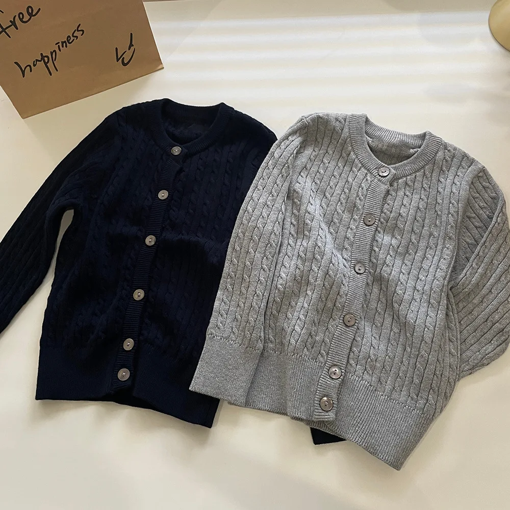 Kids Cardigan Sweater Cable Knit Wool Blend Crew Neck Long Sleeve Soft Cozy Warm Fall Winter School Daily Boys Girls 4-12 Years