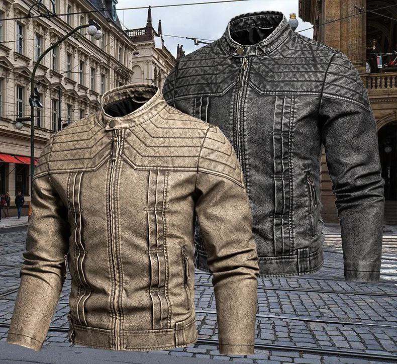 2026 New Men's Leather Jacket Retro PU Leather Jacket New Old Washed Explosion Stand-up Collar Casual Men's Clothing