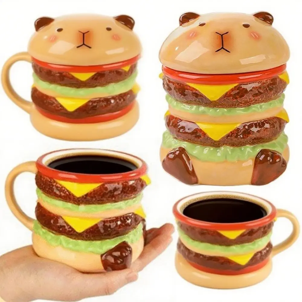 

Large Opening Capybara Hamburger Cup Large Capacity Heat Resistant Capybara Water Cup with Lid Cartoon Ornament