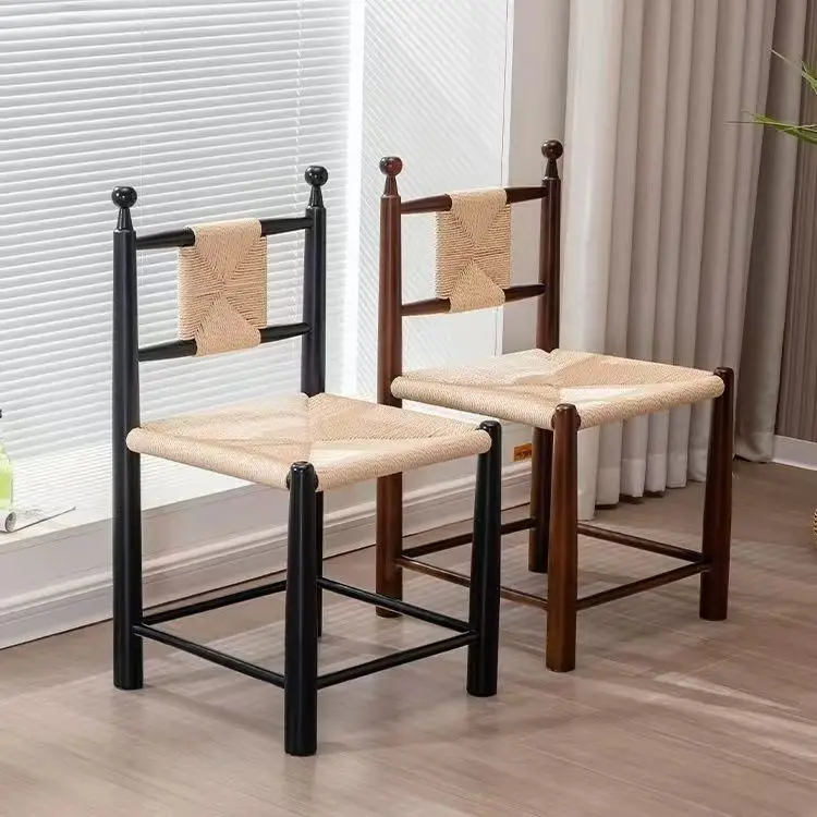 Nordic medieval solid wood rope woven rattan retro dining chair French home bed and breakfast cafe leisure chair medieval style
