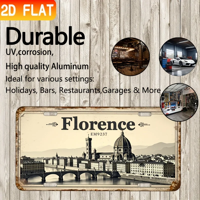 HD Aluminum Print, Vintage Florence Italy Duomo Ponte Vecchio Cityscape License Plate Style Wall Art, High Definition Bend-Resis