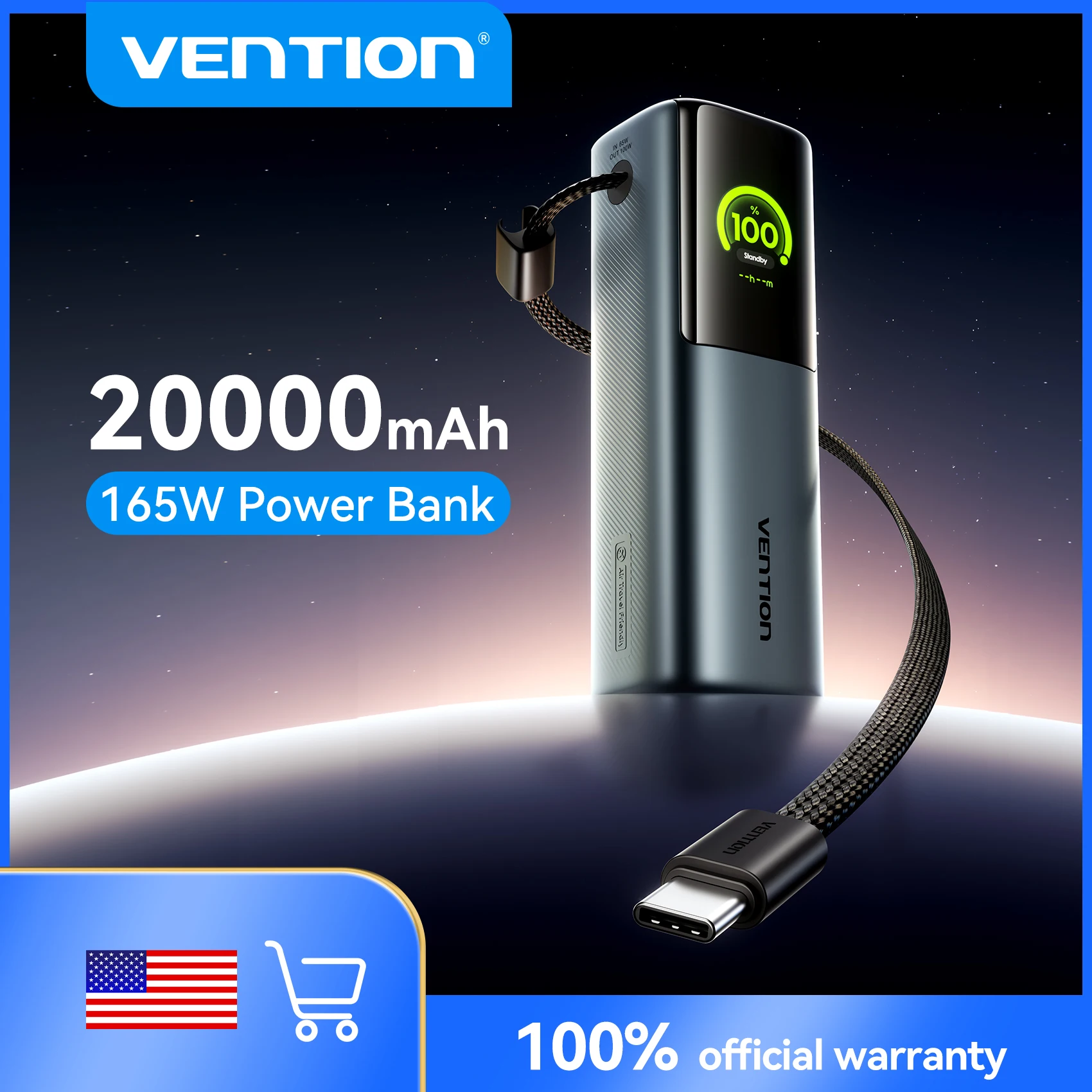 

(Доставка из США) Внешний аккумулятор Vention 165W 20000 мАч с быстрой зарядкой PD3.0 100W Max для ноутбуков и быстрой зарядки iPhone 17, Samsung S25