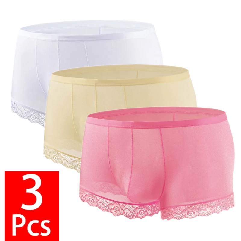 

3PCS/Lot Ice Silk Thin Lace Men Underwear U Bulge Pouch Sexy Boxer Shorts Seamless Breathable Panties Quick Drying Underpants