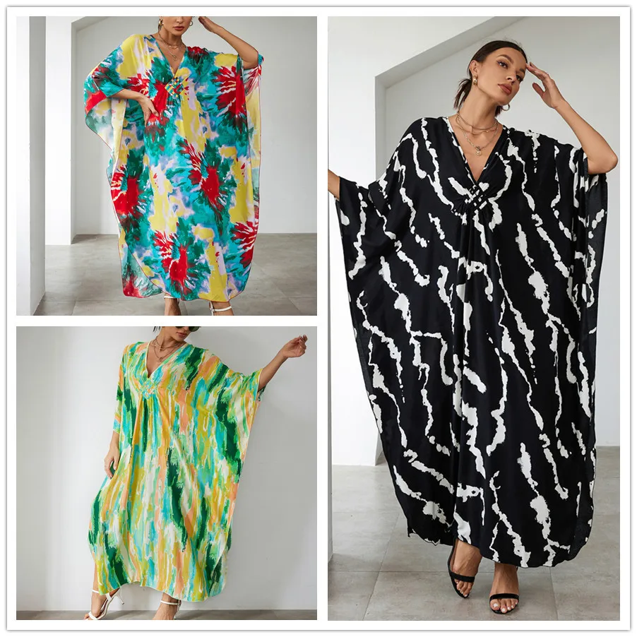 Plus Size Women's V-neck boho Print Beach Long Dress Loose Swimsuit Bikini Cover-up Holiday Robe Outfit Beachwear