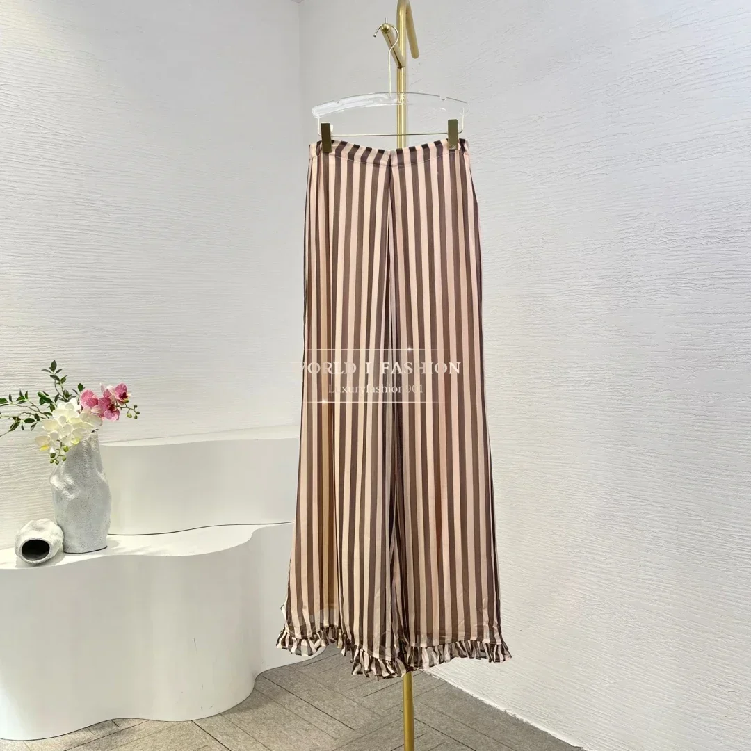 

Brown Stripes Print Ruffles Frilled Long Sleeve Blouse Tops and Pants High Quality Two Piece Set Women Sexy Club