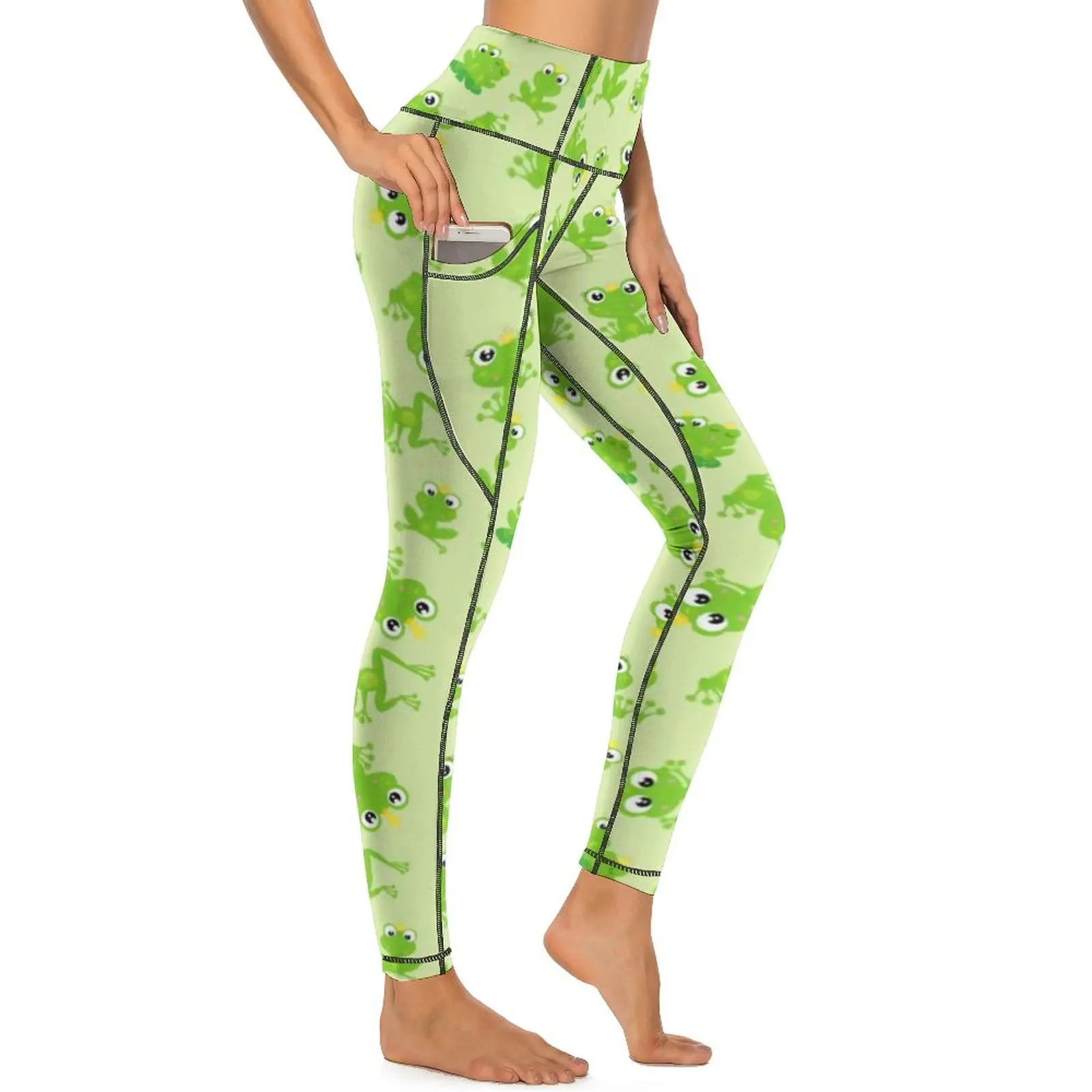 Sapo Príncipe Padrão Yoga Calças com Bolsos, Leggings Kawaii Verde Dos Desenhos Animados, Cintura Alta Sexy, Novidade Calças Justas Esportivas, Estiramento