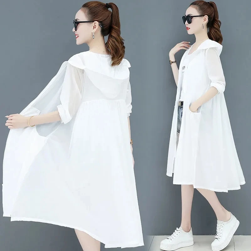 Summer Women\'s Sunscreen Clothing 2023 New Long-Sleeved Korean Thin Breathable Ice Silk Fashion Long Hooded Sun-Protective Coats