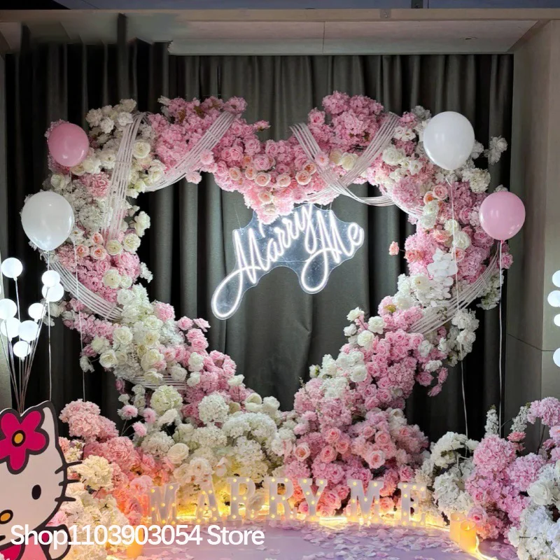 Rosa-weiße Rosen-Hortensien 5D Blumenreihe Arrangement Dekoration Hochzeitshintergrund Herzförmiger Bogenrahmen Bühnenblumenständer Requisiten – Detail 1