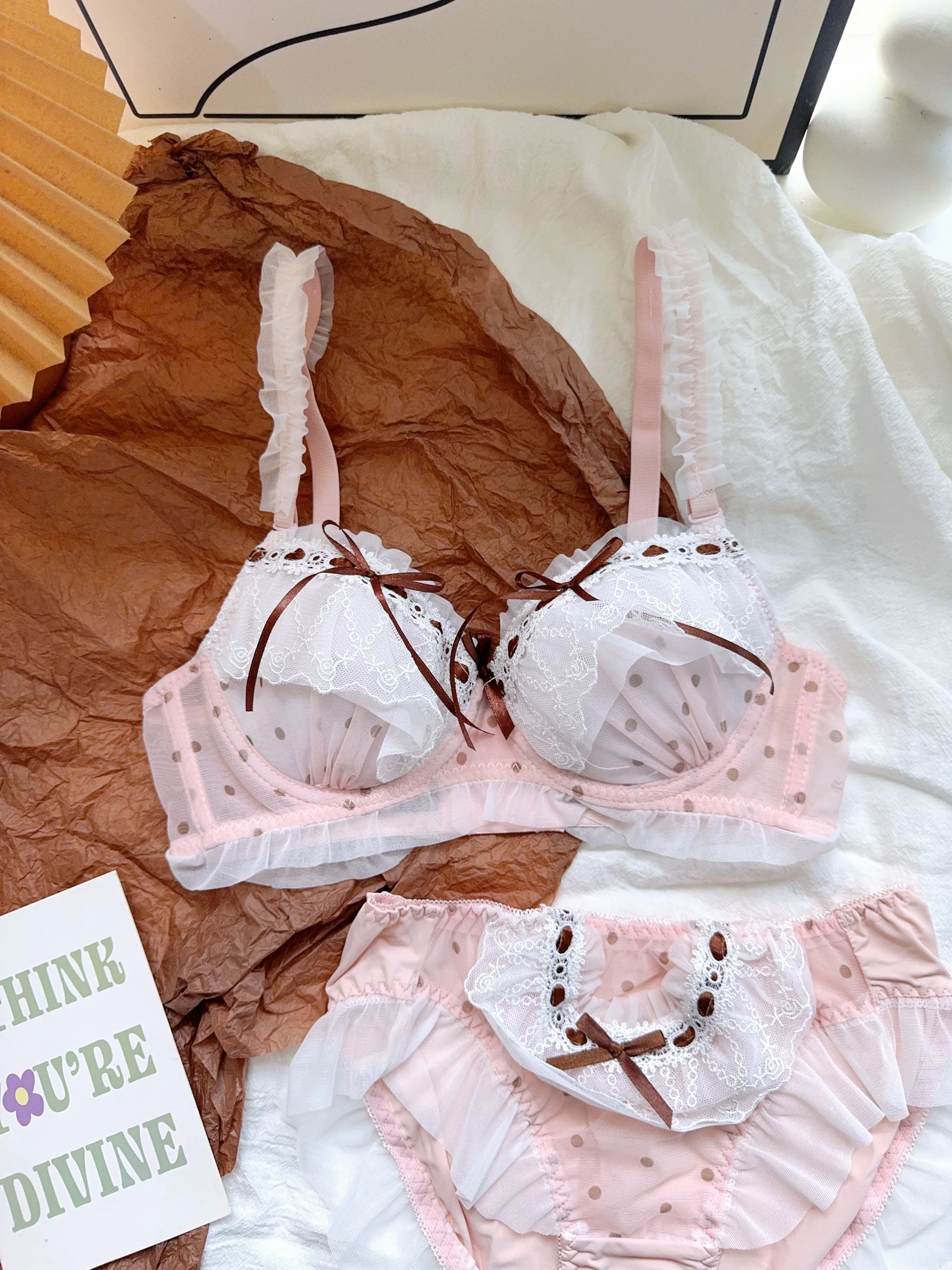 

Милый милый кружевной комплект нижнего белья в горошек в японском стиле для миниатюрных бюстов, мягкий бюстгальтер пуш-ап на косточках и трусики