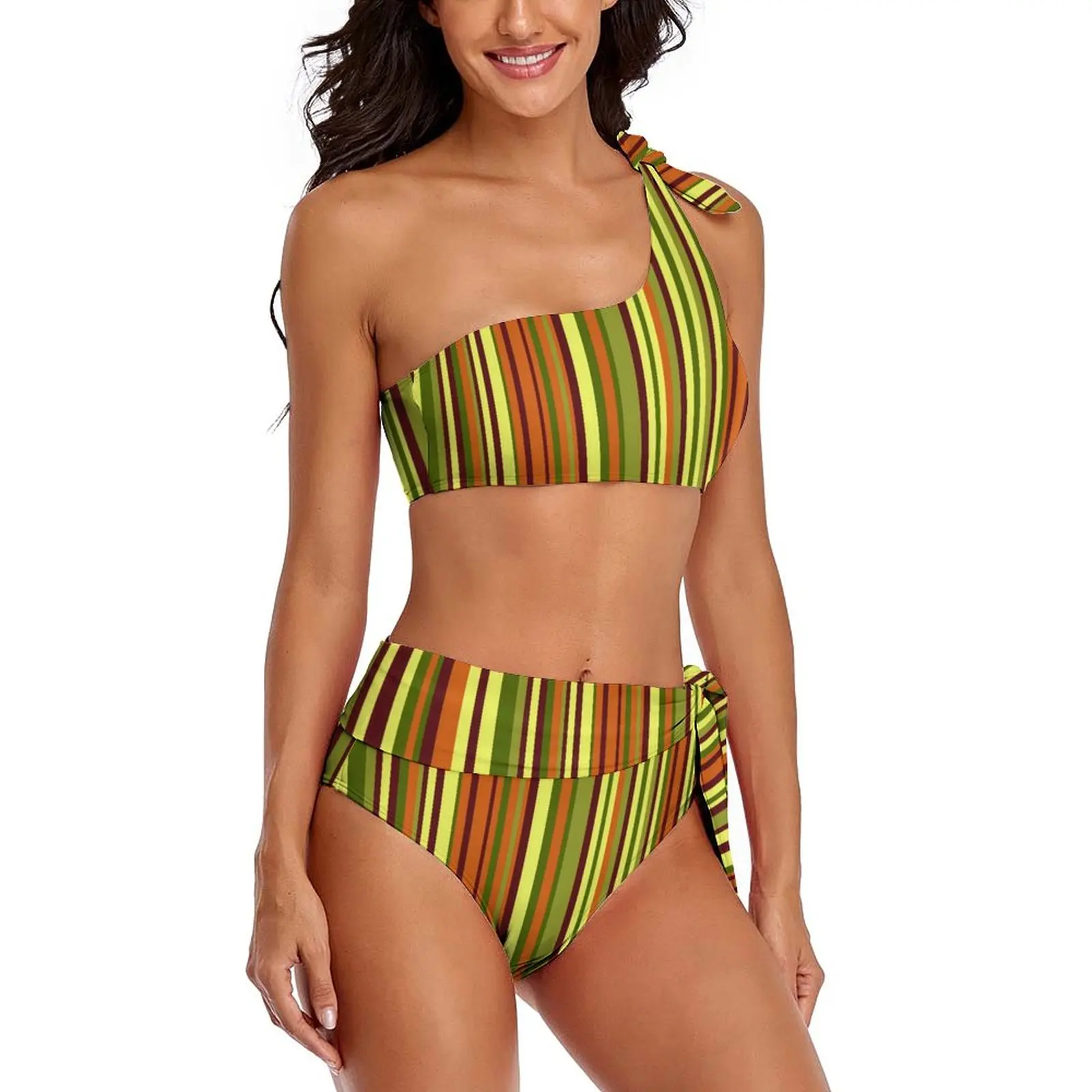 Costume da bagno Bikini Sexy con stampa a righe alla moda costumi da bagno a righe colorate Bikini estetici a vita alta con cravatte Bikini femminili