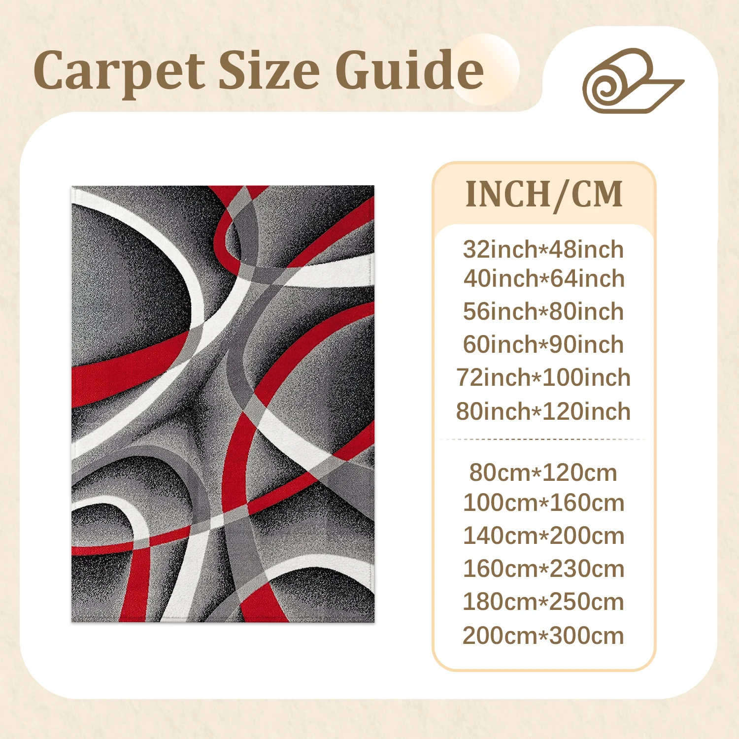 Large Indoor Area Rug, Soft Velvet Low Pile, Non-Slip Dotted Backing, Machine Washable, Modern Abstract Red Gray White Curved Pattern for Living Room Bedroom