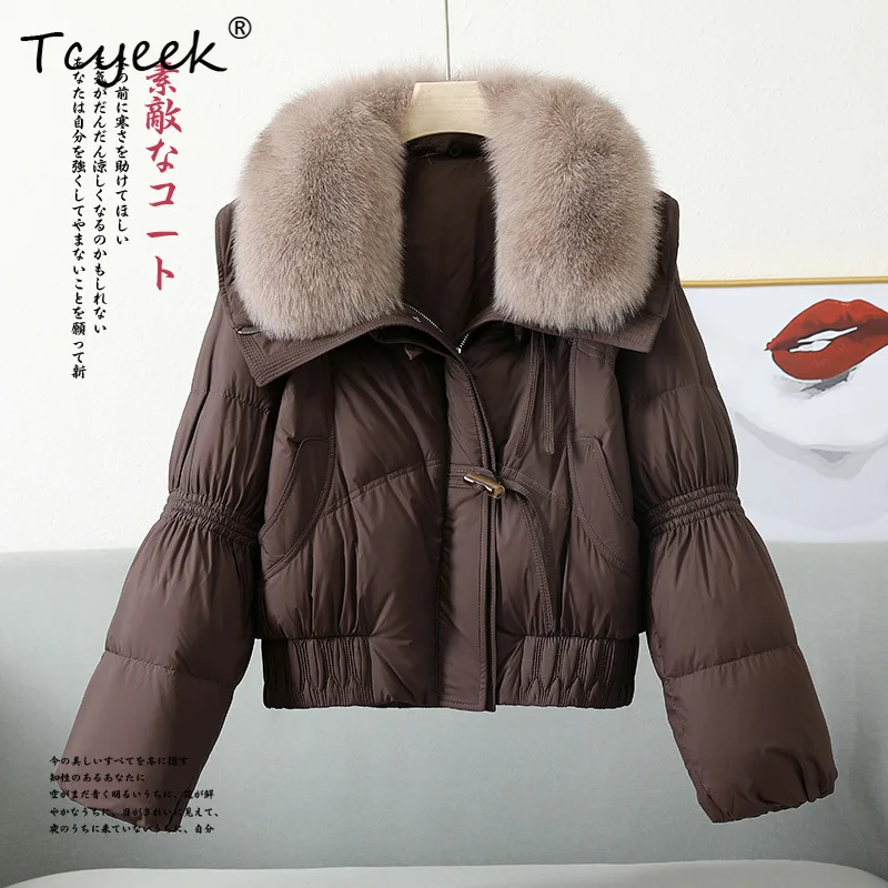 Tcyeek Autumn Winter Square Collar Detachable Real Fox Fur Collar Women's White Goose Down Fur Coat Casacas Para Mujer Invierno