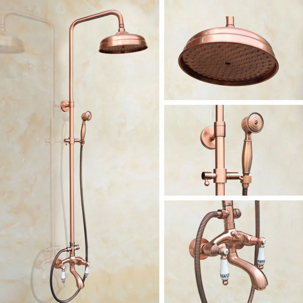 

Antique Red Copper Brass Bathroom Round Rainfall Rain Shower Faucet Set Tub Mixer Tap Wall Mounted arg531