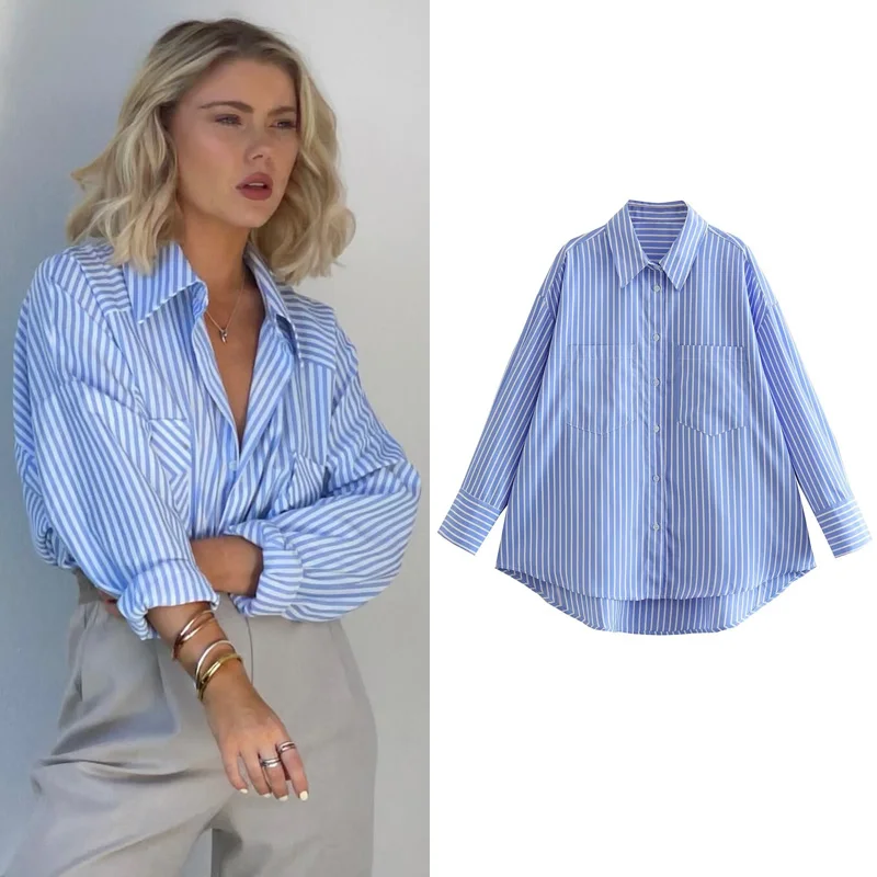 HXAO Women\'s Shirt Striped Loose Fit Shirt Autumn Blue Long Sleeve Top Shirts & Blouses Stylish Women\'s Shirts Office Wear Women