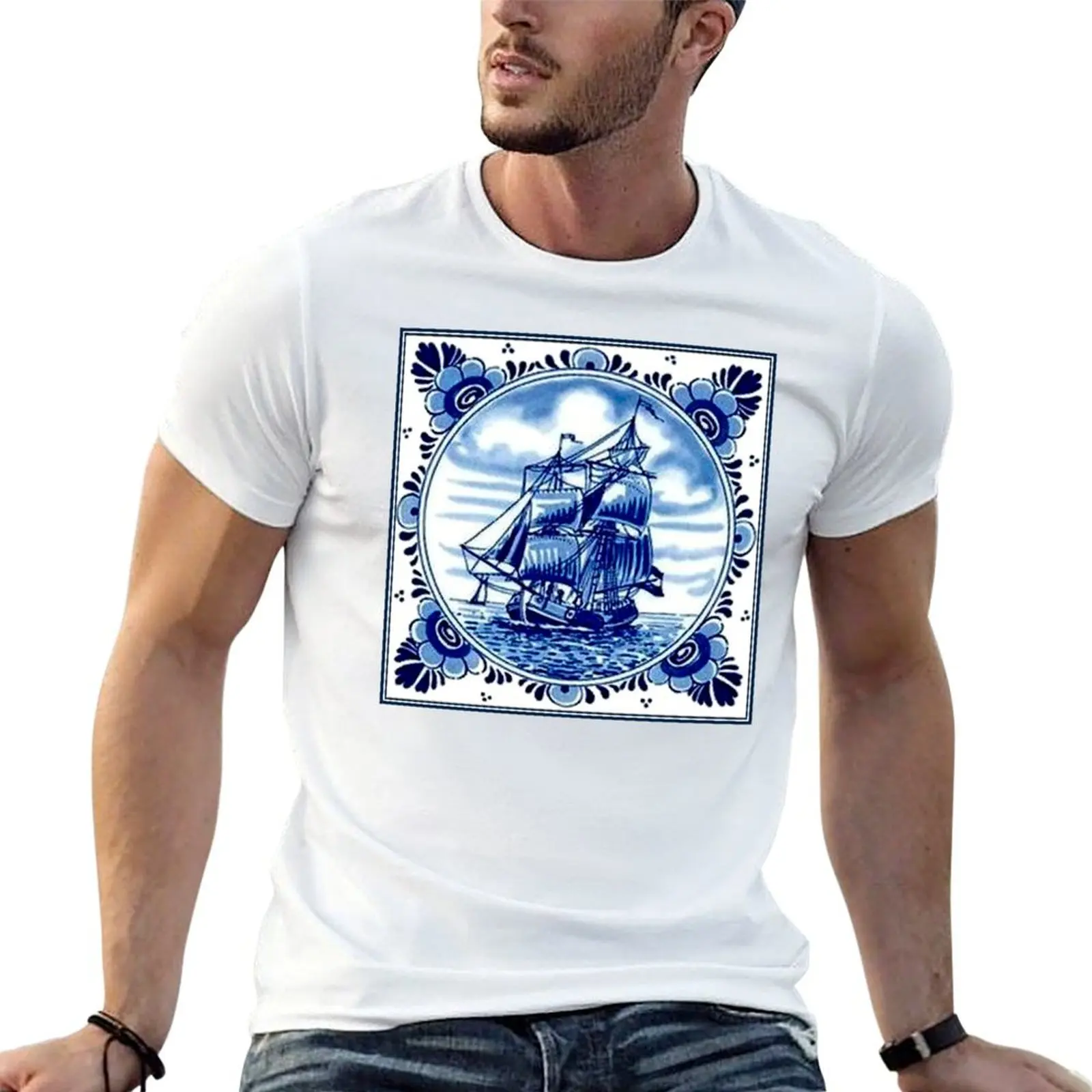 

DUTCH BLUE DELFT : Vintage Sailboat and Tall Ship Print T-Shirt man tshirt T-Shirt
