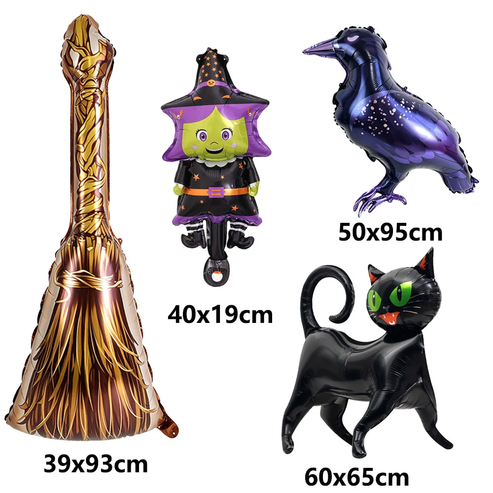 Halloween-Party Ballon-Set Hexe Magischer Besen Schwarze Katze Krähe Folienballon-Set für Gruselige Halloween-Innendekoration