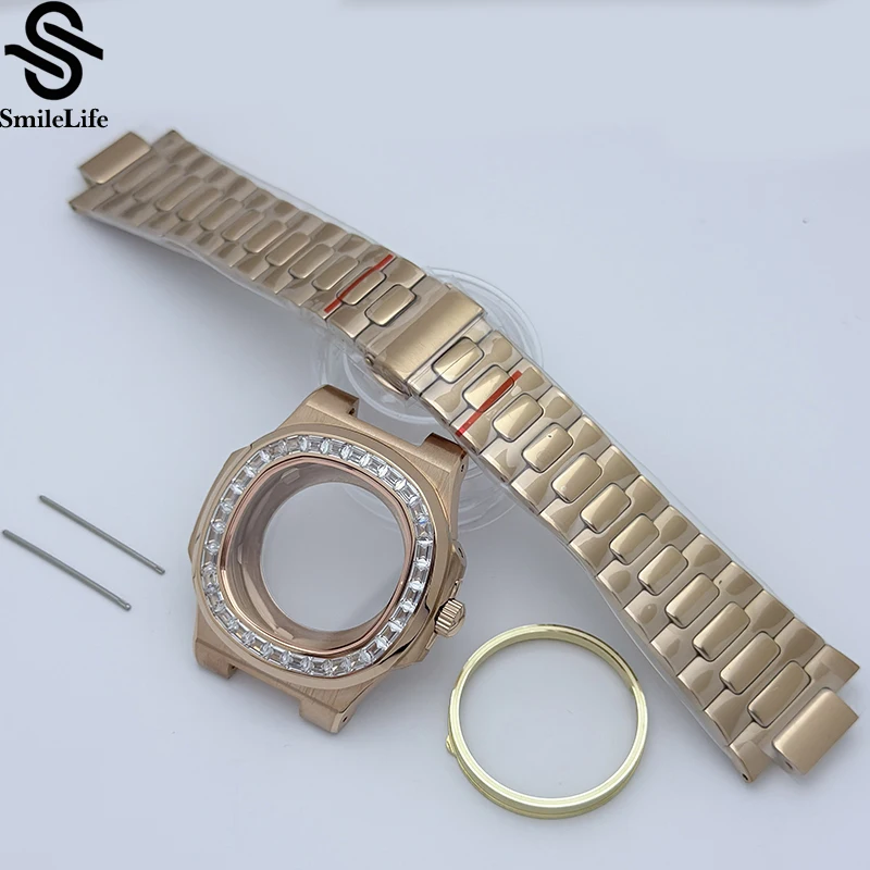 SmileLife Novos acessórios de relógio caixa de 41 mm com diamantes PP Nautilus caixa preta + pulseira com movimento NH35/NH36 para mostrador de 30,5 mm