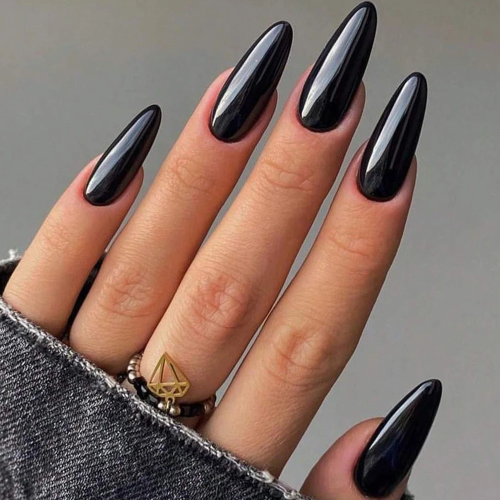 100Pcs/Box Black Almond Fake Nail French Mid-length Solid Color Matte False Nail Tips Artificial Full Cover Press on Nails