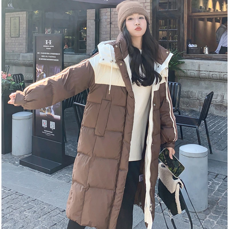 

Hooded Down Jackets Long Winter Coat Female Collision Splicing Striped Puffer Coats Fashion Casual Parka Thick Warm Women Jacket