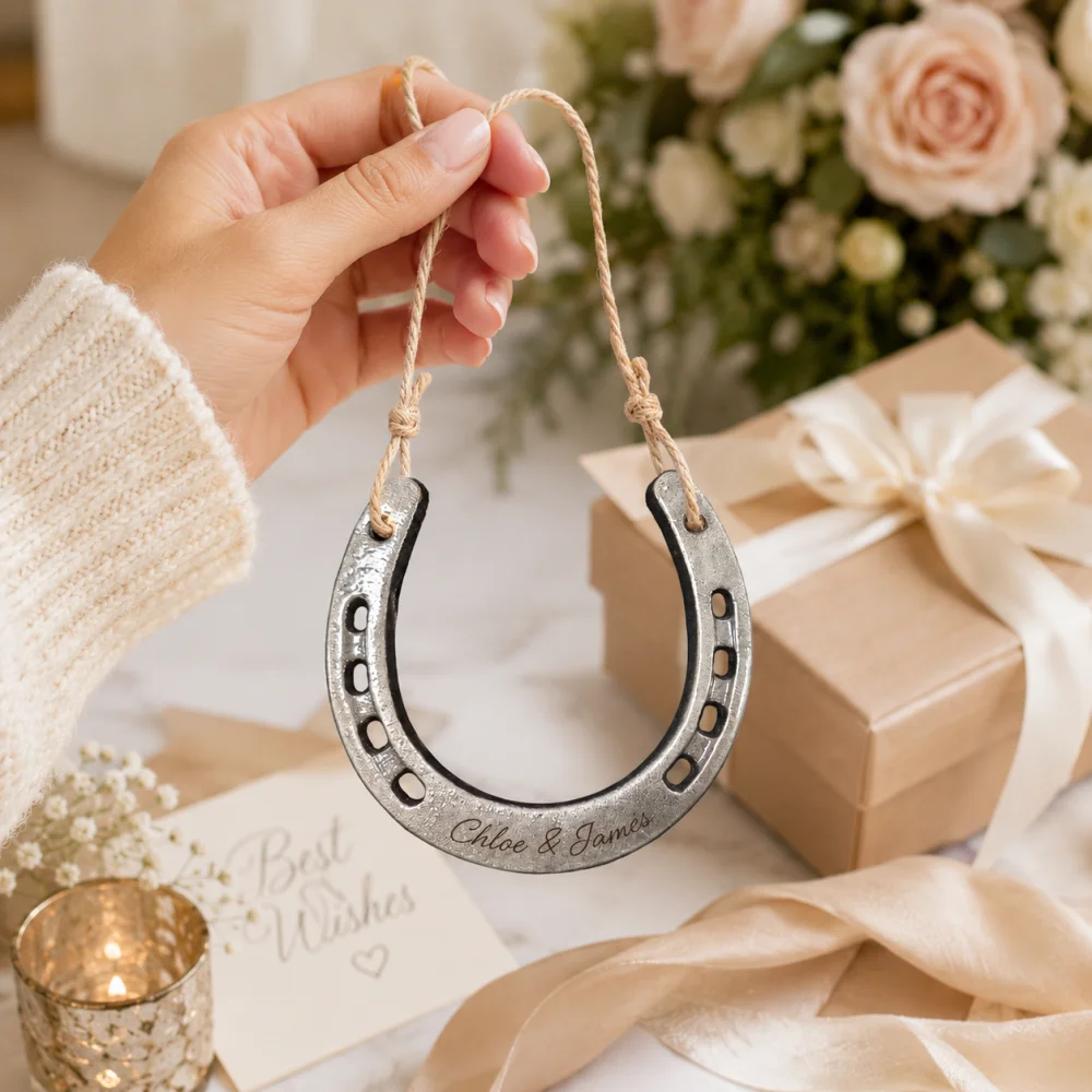 Fer à cheval personnalisé, Ornement gravé avec nom sur mesure, Décoration murale fer à cheval porte-bonheur, Cadeau personnalisé pour couple, Signe de bonne chance pour l'inauguration de la maison