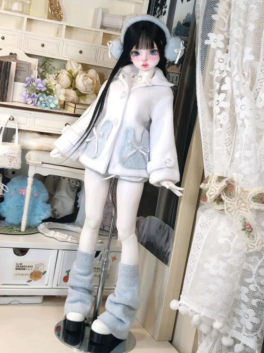 bjd doll clothes fit into 1/4 size light blue thick coat with bare legs set doll accessories