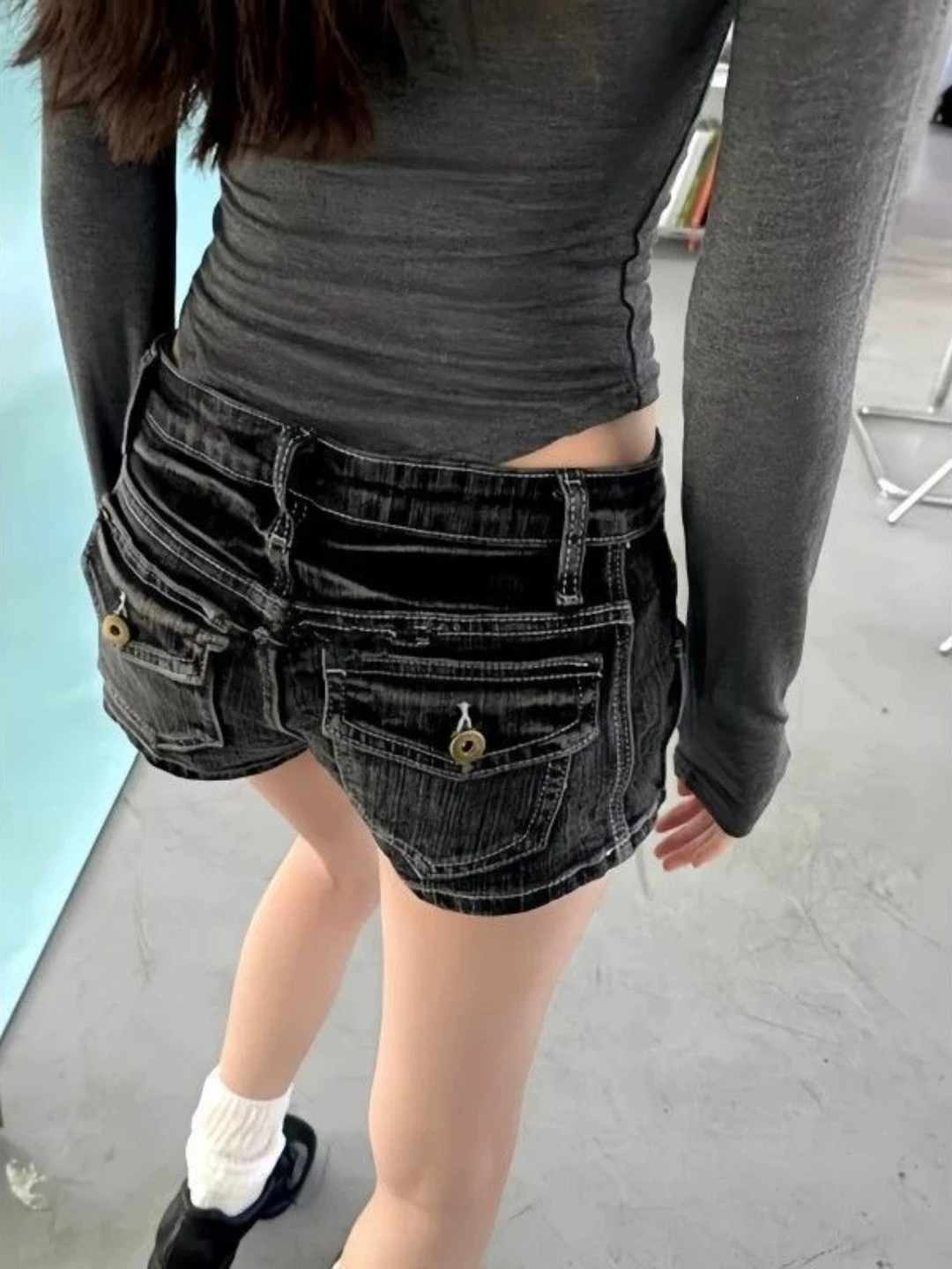 American Style Hot Girl Low Waist Denim Shorts Women's Summer Trendy Black Grey Super Short Tight A-Line Bodycon Hot Pants
