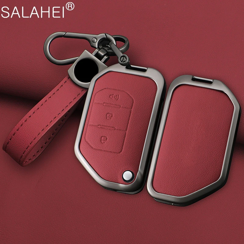 Zinc Alloy Leather Car Flip Remote Key Case Cover For Jeep Gladiator JT Sahara JLU Wrangler JL Rubicon 2018 2019 Accessories