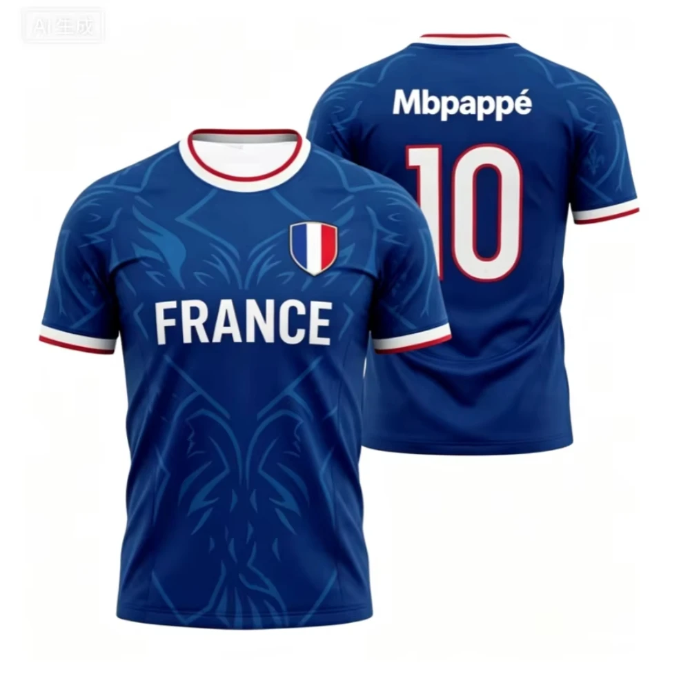 France 26-27 3D Soccer Jersey Dark Blue Gold Print #10 MBAPPE Breathable Quick Dry Lightweight Men Short Sleeve Football Shirt