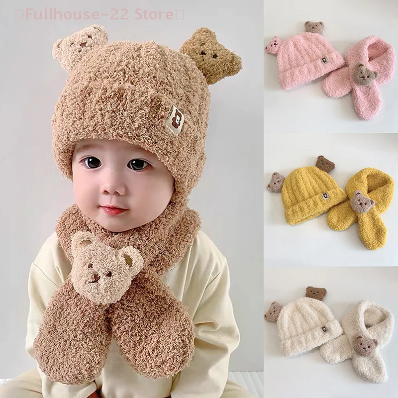 【MAX-22】Baby Hat Scarf For Girls Boys Winter Warm Set Cartoon Bear Cold-proof Clothing For Children Stuff Brimless Cap Scarf