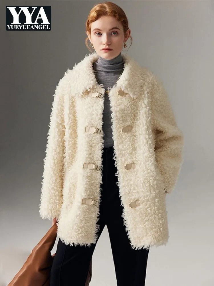 

Женское зимнее пальто из 100% шерсти, однобортное, средней длины, повседневная верхняя одежда с лацканами, однотонная, свободная посадка, модная куртка из овечьей шерсти