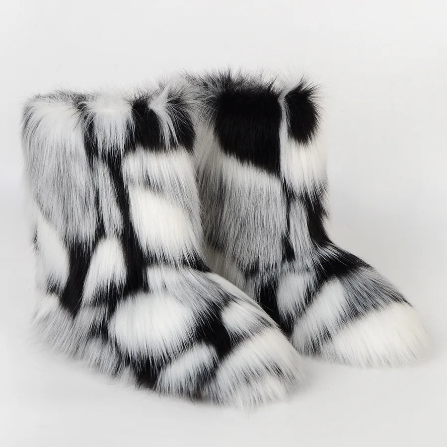Women Fur Boots 2024 Winter Luxury Fluffy Furry Faux Fur Snow Boots Woman Lace-up Waterproof Platform Ankle Boots Pink Ski Boots