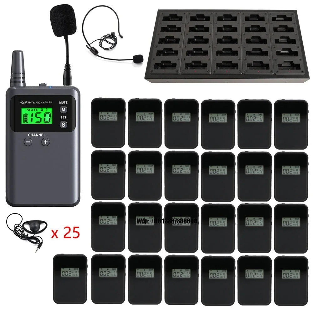 Wireless Tour Audio Guide System 1 Transmitter 25 Receivers 1 Charger with Earphones for Simultaneous Interpretation
