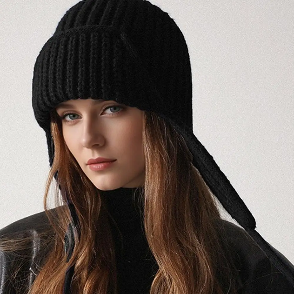 Warm Knit Trapper Hats for Women Ushanka Hat Knit Aviator Hat with Ear Flap Russian Hat for Winter Stocking Cap Beanie with Tie