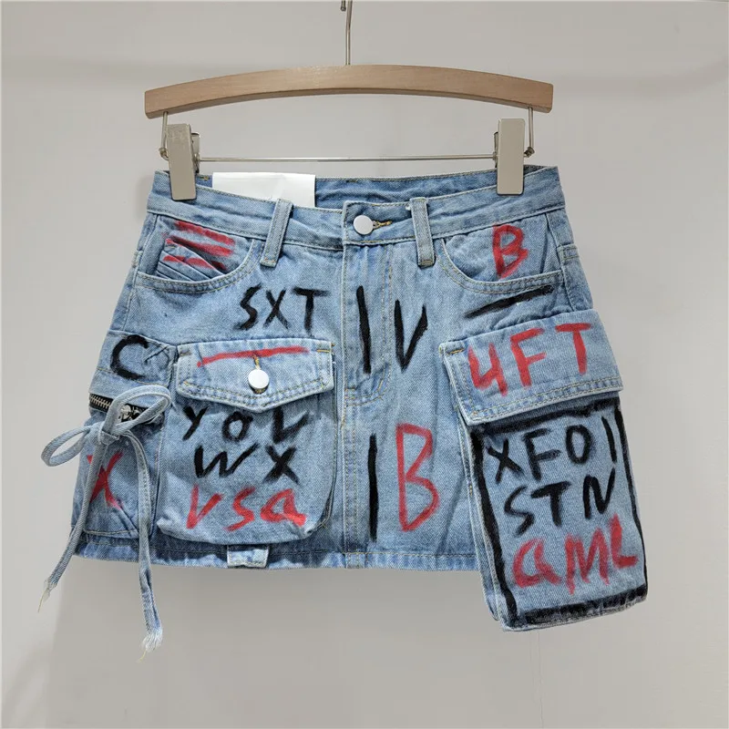 2024 Hand-Painted Graffiti Denim Skirt Women Summer High Quality Pocket Design Workwear Splicing A-Line Short Culotte Plus Size