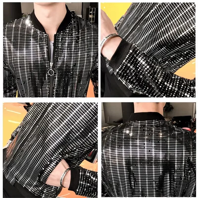 Silver Sequin Windbreaker Jacket Men Luxury Fashion Autumn Gothic Singer Stage Costume Lightweight Streetwear Hip Hop Coat Men