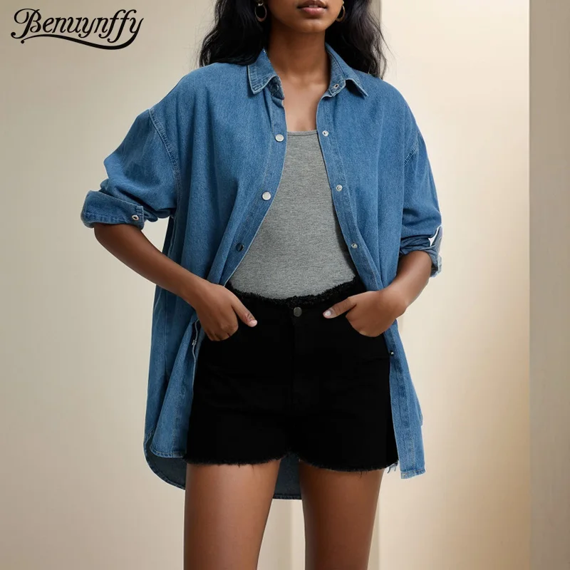 

Benuynffy Turn-down Collar Loose Denim Shirt Women's Spring Autumn Street Retro Long Sleeve Button Down Casual Top 2025 New