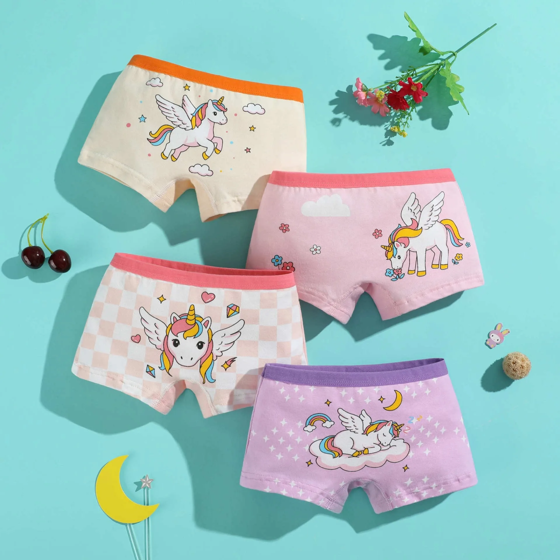 4 Pack Cotton Girls Panties Cute Cartoon Character Soft Washable Boxer Briefs Children's Underwear for Kids 2-9T Boyshorts